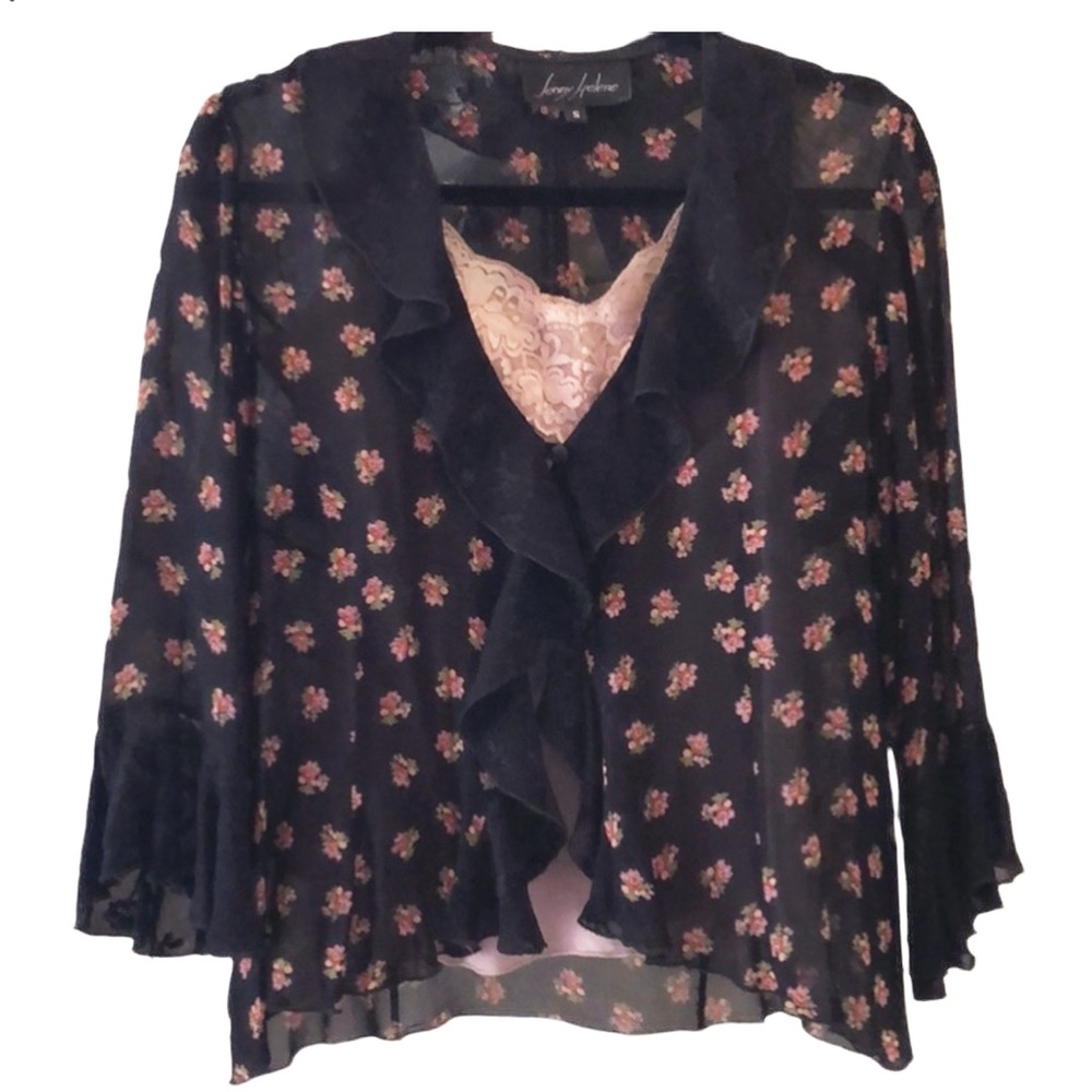 Vintage Jenny‎ Helene Black Floral Blouse Top Size Small